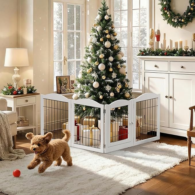 VINGLI Freestanding Dog Gate with Door, Pet Gate with Walk Through Door, Foldable Pet Safety Fence for Stairs Doorways Fireplace (24" H - 4 Panels)