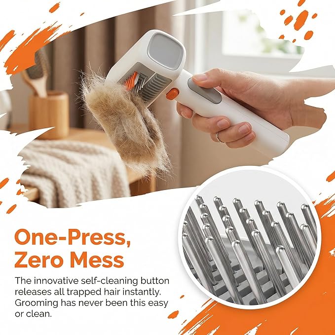 2-in-1 Pet Self-Detangling & Grooming Comb, One-Touch Dematting Brush For Long Hair Dogs. Undercoat Rake To Remove Loose Furs, Stubborn Mats Tangles, Professional Deshedding Tool Cats (2PCS)