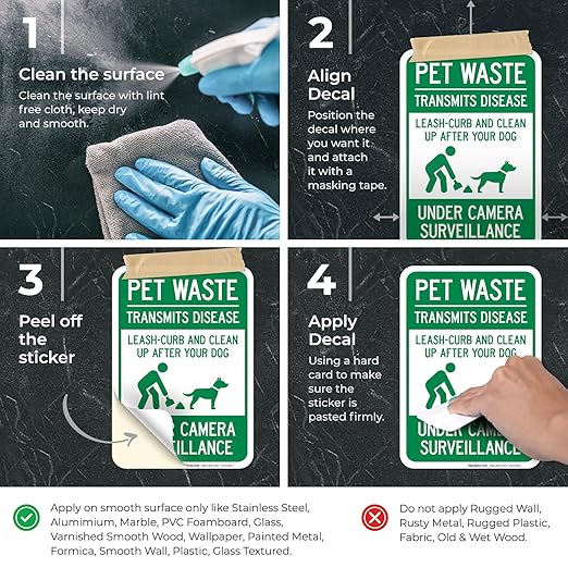 Pet Waste Leash-Curb and Clean Up After Your Dog Under Camera Surveillance Sign, (SI-63188) 10x7 Inches, 4 Mil Vinyl Decal Stickers Weather Resistant, Made in USA