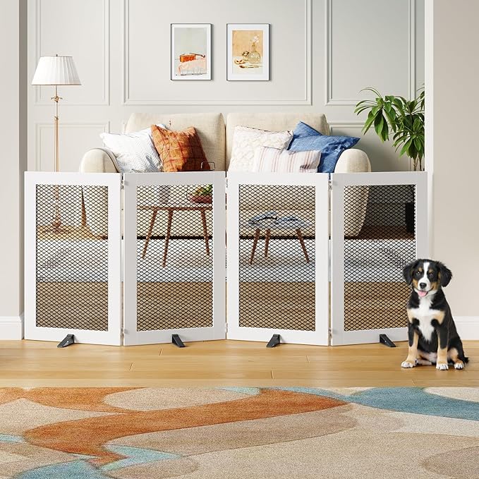 Freestanding Dog Gate Indoor, Foldable Wooden Pet Gate for The House Stairs Doorways, 4 Panels Tall Dog Fence with Support Feet, 79.1"W x 31.5"H, Extra Wide Step Over Fence, White DGHW80201