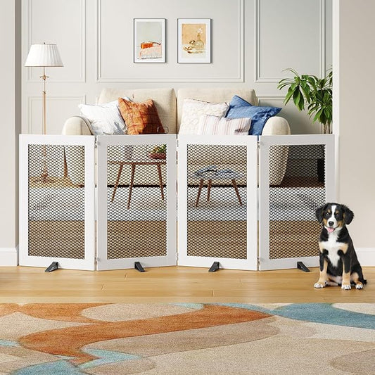 Freestanding Dog Gate Indoor, Foldable Wooden Pet Gate for The House Stairs Doorways, 4 Panels Tall Dog Fence with Support Feet, 79.1"W x 31.5"H, Extra Wide Step Over Fence, White DGHW80201