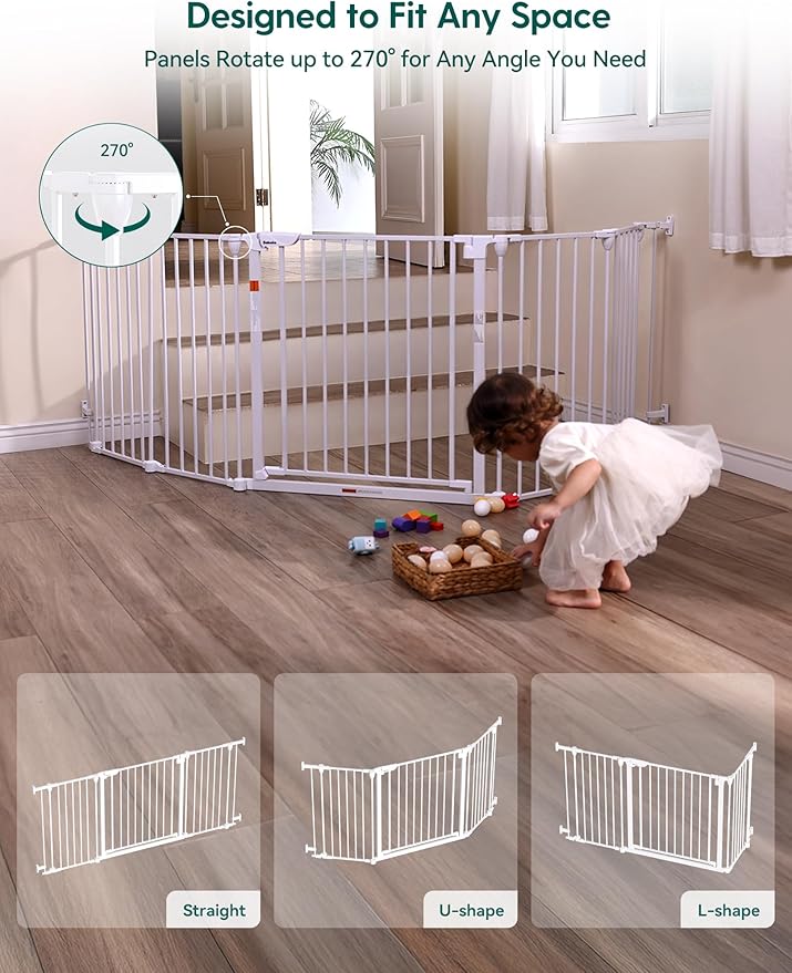 Babelio 72" Extra Wide Baby Gate, 30" Tall Auto Close Dog Fence for Stairs Kitchen Doorways Fireplace, Hardware Mounted Pet Gate Indoor, Foldable 3 Metal Panels, White
