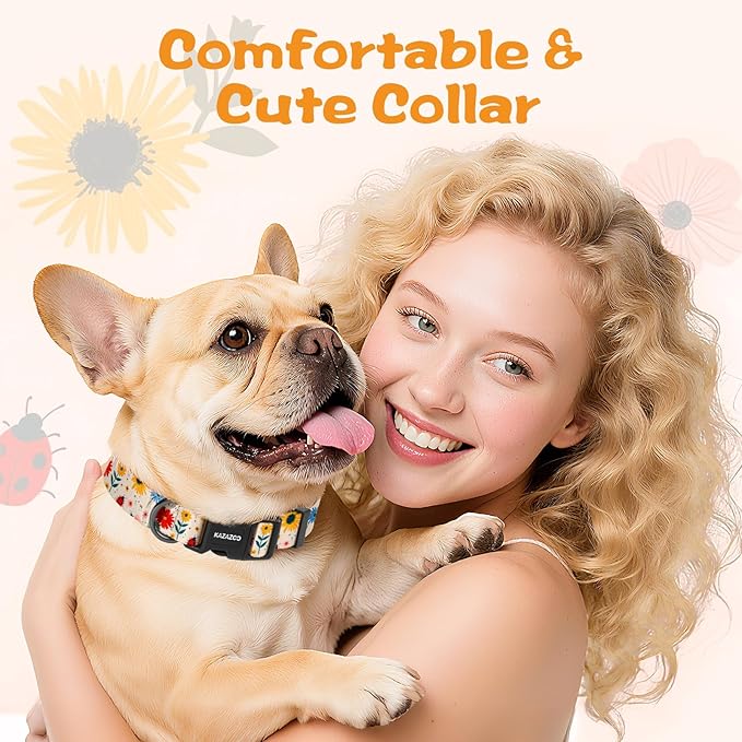 Kazazoo Dog Collar Cute and Soft Nylon Puppy Collar for Boy and Girl, Adjustable Dog Collars for Small Medium Dogs, Ladybugs and Flowers-S