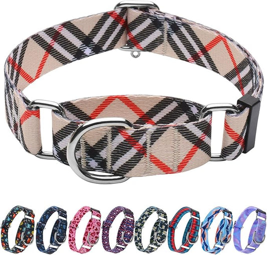 Hikiko Martingale Collar for Dogs with No Buckle Nylon Training Dog Collars for Small Dogs,Khaki Plaid,S