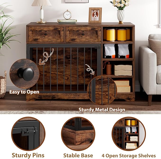 Dog Crate Furniture 47", Large Dog Crate TV Stand with 2 Drawers and 4 Shelves, Wooden Dog Kennel Indoor, Decorative Dog Cage with Storage for Large Dogs, Brown