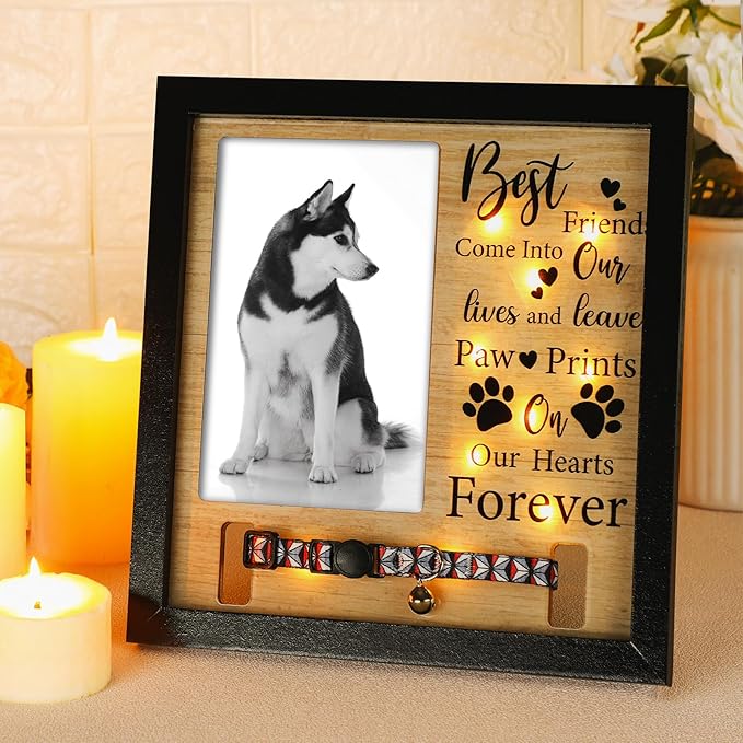 Thyle Dog Memorial Picture Frame Collar Holder and LED Light 9 x 9 Inch Pet Memory Gift Memorial Frame for Loss of Pet Sympathy Gift for Remembrance Bereavement Passed Away Loss of Dogs Cats