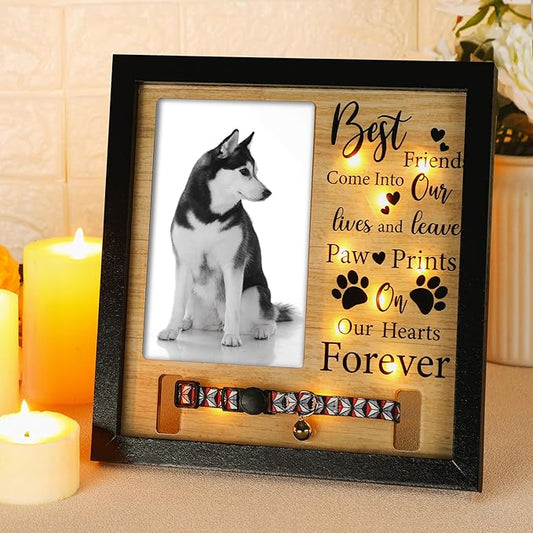 Thyle Dog Memorial Picture Frame Collar Holder and LED Light 9 x 9 Inch Pet Memory Gift Memorial Frame for Loss of Pet Sympathy Gift for Remembrance Bereavement Passed Away Loss of Dogs Cats