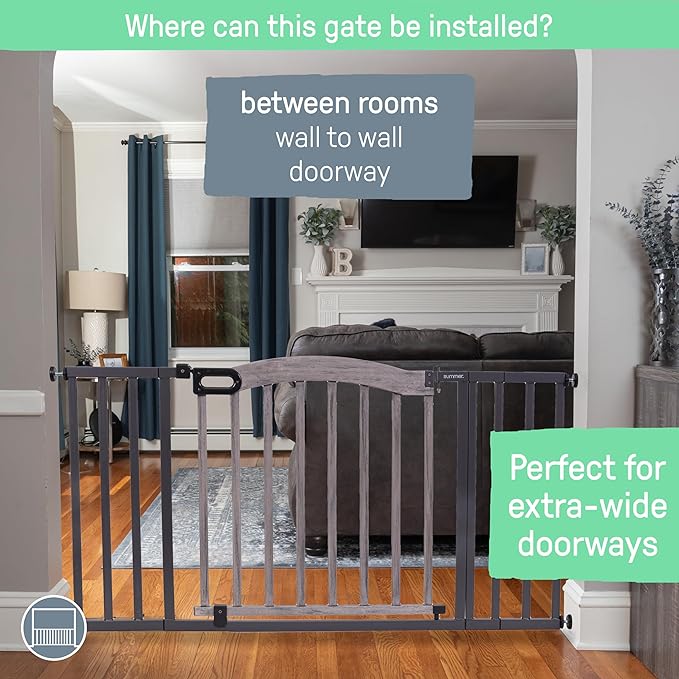 Summer Decorative Wood & Metal Pet and Baby Gate, 36" - 60" Wide, 32" Tall, Pressure Mounted, Install Wall to Wall or Doorway, Walk-Through Safety Gate - Gray