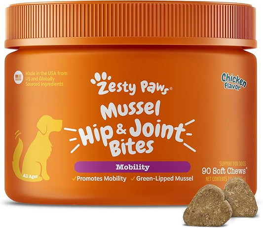 Zesty Paws Mussel Mobility Bites for Dogs - New Zealand Green Lipped Mussel with Natural Glucosamine & Chondroitin + Omega-3 Fatty Acids - Hip & Joint Support Supplement Soft Chews – 90 Count