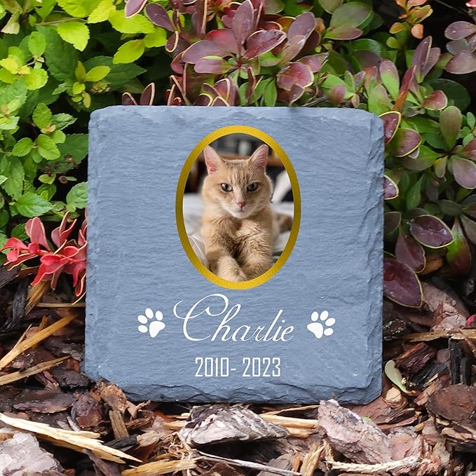 Personalized Individual Square Memorial Plaque + Stand for Pet Cat Dog Slate Stone Frame Paw Grave Marker - Size 3.94" x 3.94" or 100 x 100 mm - Gold Frame Photo