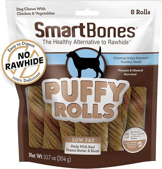 SmartBones Puffy Rolls Chews for Dogs, 8 Count, Treat Your Dog to Easy-to-Digest Rawhide-Free Chews Made with Real Peanut Butter and Bison