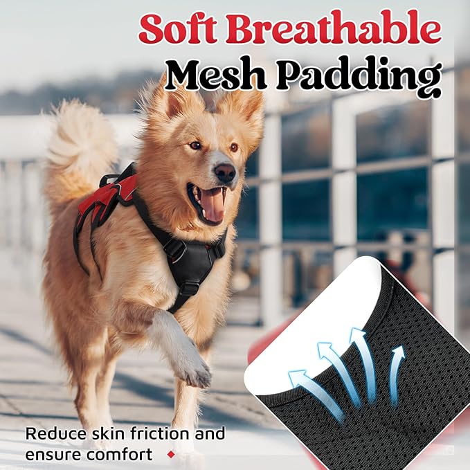 rabbitgoo Escape Proof Dog Harness, Soft Padded Full Body Pet Harness, Reflective Adjustable No Pull Vest with Lift Handle and Leash Clip for Large Dogs Walking Hiking Training, L, Red
