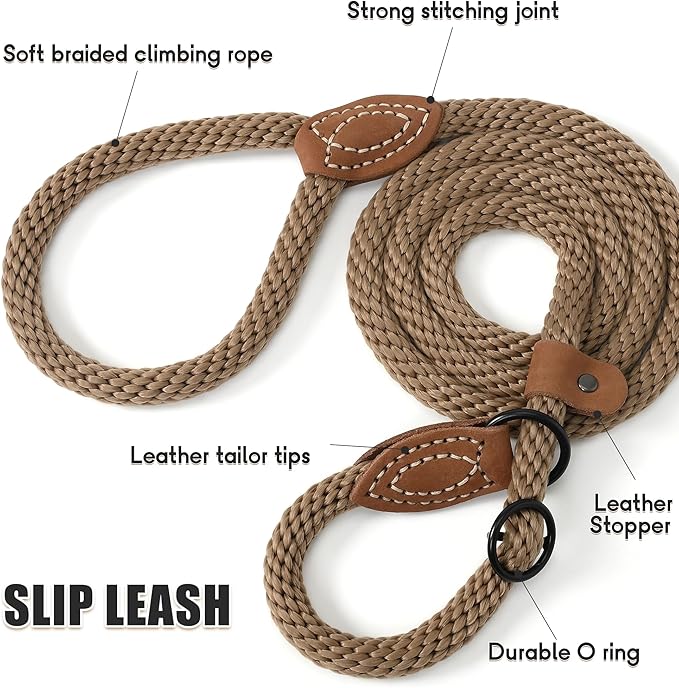 Mile High Life Slip Leads for Dogs | Heavy Duty Dog Training Leash | 5 Feet No Pull Slip Leashes w Leather Tip | Brown Rope Lead for Dogs Outside