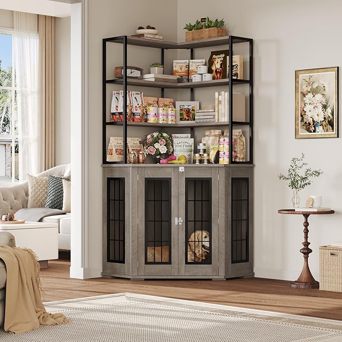 FACBOTALL Corner Dog Crate Furniture with Storage, Decorative Large Dog Kennel Indoor Furniture with Double Doors, 2 Safety Locks, 4-Tier Shelves, Large Dog Cage Furniture for Medium and Big Dogs
