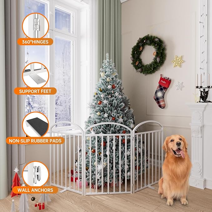 3 Panles Full Matel Freestanding Dog Gates, 72" Extra Wide 32" Tall Free Standing Dog Pet Gate for Indoor & Outdoor. Foldable Pet Fences for Doorways, House, Stairs, Porch, Deck, Yard