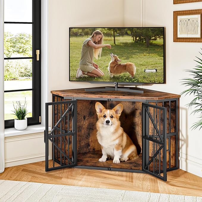 44" Corner Dog Crate Furniture, Corner Dog Kennel Furniture with X-Design Metal Frame, Corner Dog Crate TV Stand for Medium Dogs, Pet Crates Corner End Table, Rustic Brown and Black TGW03BF