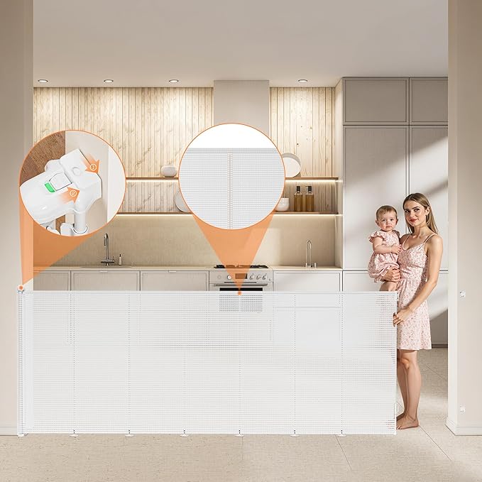 Retractable Baby Gate for Stairs, 42" Tall X 200" Wide Mesh Dog Gate Indoor, Child Gate for Doorways, Hallways, Deck, Indoor Outdoor Pet Baby Safety Essentials for Home, White