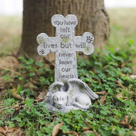 Memorial Statue - Sleeping Dog Angel Cross Tombstone, Grave Marker for Deceased Pet, Loss of Dog Memorial Sympathy Gift - Polyresin, Stone Finish, 8.27 Inch