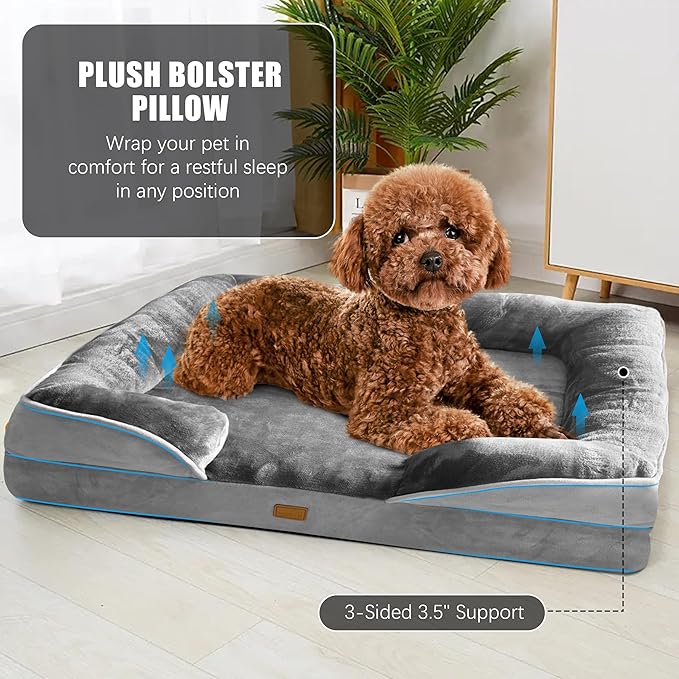Orthopedic Dog Bed with Sides - Dog Sofa Beds for Small Dogs, Supportive Foam Pet Couch Bed with Washable Removable Cover, Waterproof Lining and Non-Slip Bottom, Grey - S
