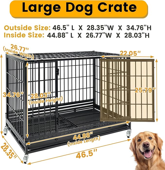 Stackable 47 Inch Heavy Duty Dog Crate for High Anxiety Large Dogs, Indestructible Escape Proof Dog Cage Kennel Indoor with Double Door, Dual Locks, Lockable Wheels, Strong Metal Grid & Removable Tray