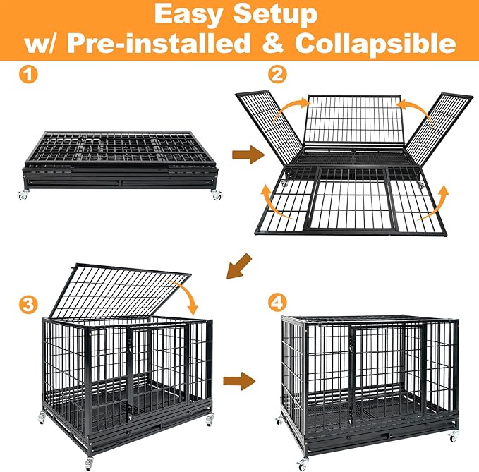 Homey Pet Heavy Duty Dog Crates for Large Dogs, 47 Inch Stackable Large Dog Crate Cage with 4 Wheels, 2 Removable Trays and Grids, 2 Bowls, Multi Locks Strong & Solid Escape Proof Dogs Kennel Indoor