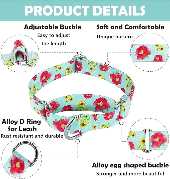 Martingale Dog Collar, Adjustable Soft No Pull Training Collar with No Buckle, Floral Pattern No Slip Martingale Collars for Medium Dogs (1" Width M)