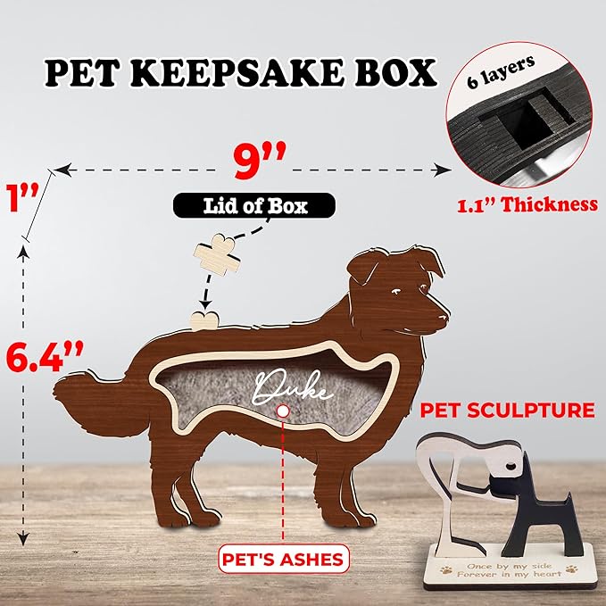 9" Border Collie Dog Hair Keepsake Box, Wooden Pet Urns for Dogs, DIY Pet Loss Sympathy Gifts, Unique Gift Dog Shape Standable Table Decor, Idea Gift for Pet Lover Storing Fur Teeth Ashes PS6-2L