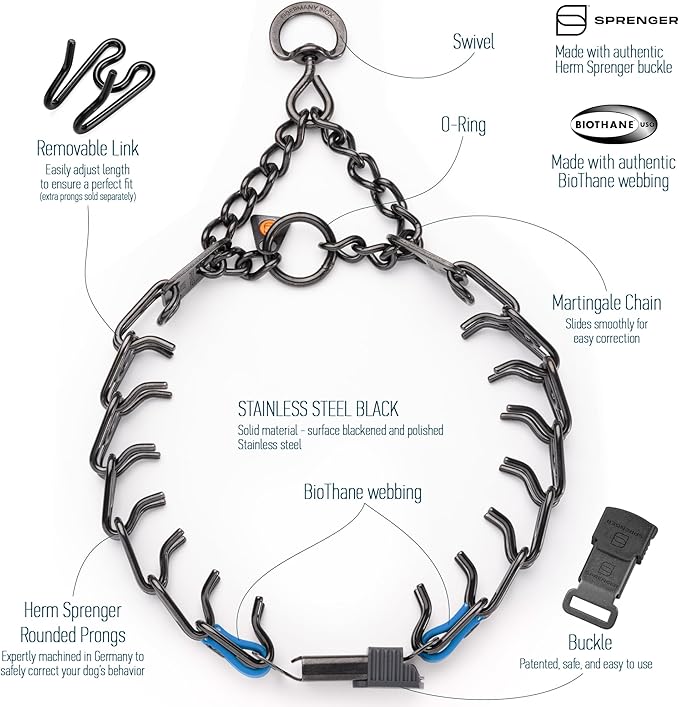 Herm Sprenger Black Stainless Steel Dog Collar with Short Links and Quick Release ClicLock Buckle and Biothane Insert Made in Germany 20in x 3.0mm (Neck Size up to 16-17in) (Cerulean Blue)