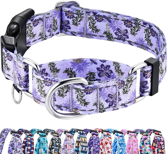 Reflective Martingale Collar for Dogs with Quick Release Buckle Cute Girl Female Flower Dog Collars (Lavender Floral, Large)
