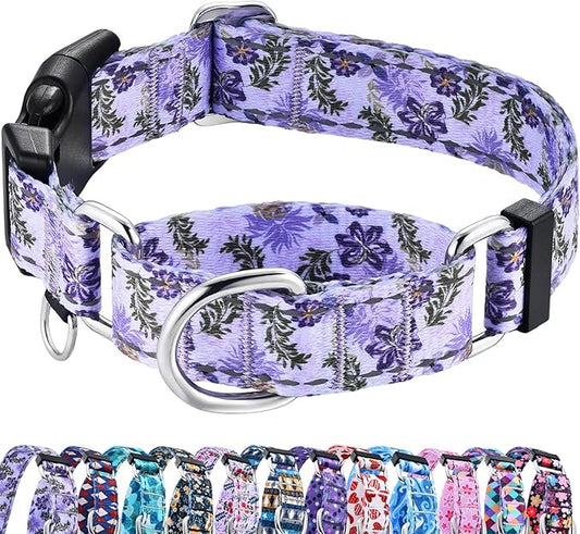 Reflective Martingale Collar for Dogs with Quick Release Buckle Cute Girl Female Flower Dog Collars (Lavender Floral, Large)