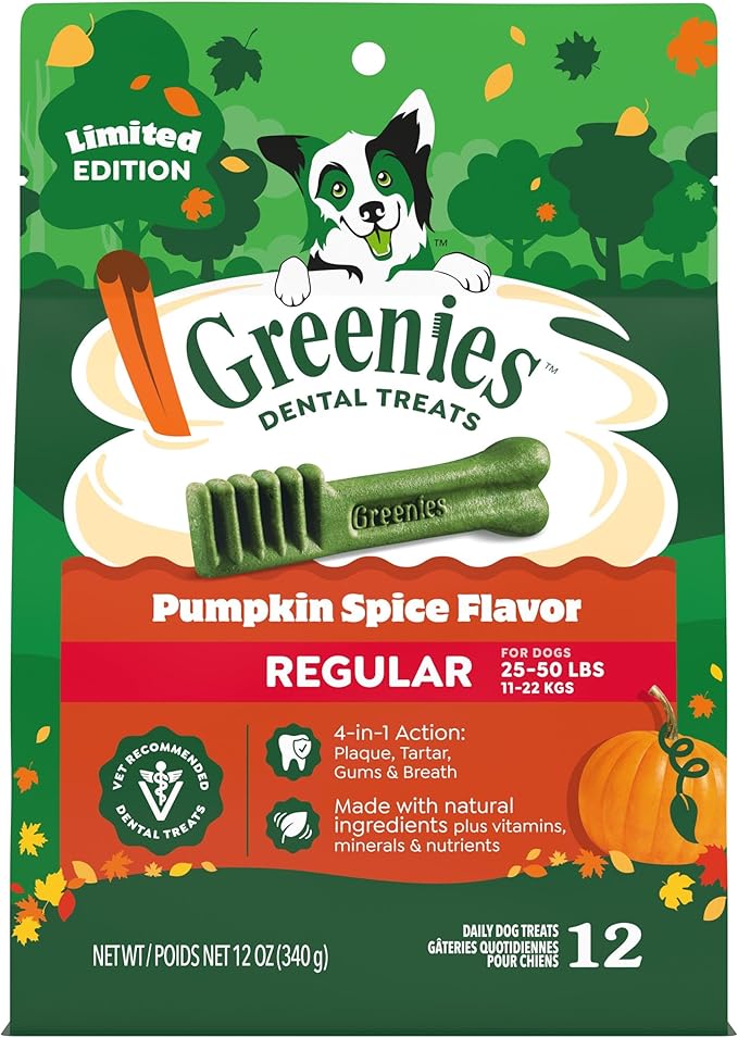 Greenies Veterinarian-Recommended, Limited-Edition Natural Dental Dog Treats Regular Size, Pumpkin Spice Flavor, 12 oz. Pack, 12 Count