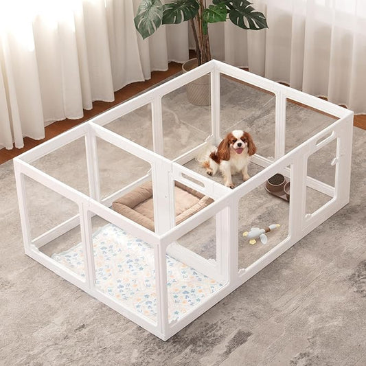 Acrylic Dog Playpen Indoor, Cloud Design Clear Dog Play Pen for Puppies and Small Dogs, Easy Assembly & Clean Puppy Pen (23.6", 12 Panels, White)