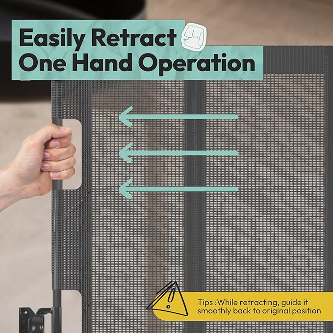 34" H Tall Mesh Dog Gate Extends Up to 150" W Retractable Pet Gate with Drill Installation, Preventing Crawling Through for Stairs, Doorways, Indoor & Outdoor (Gray)