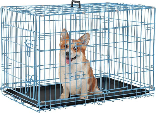 Folding Dog Crate 36" Metal Portable Outdoor Double Door Wire Large Cat Pet Dog Cage Kennel with ABS Tray LC & Divider, Blue
