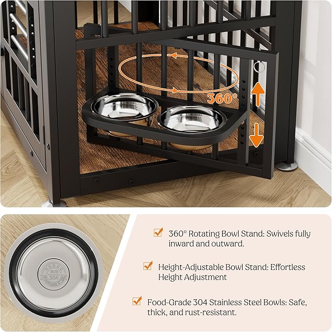 Lulive Dog Crate Furniture 37.8" Wooden Dog Kennel Table with Bowls Heavy Duty Dog Crates for Small/Medium/Large Dogs, Dog Kennel Furniture Indoor as TV Stand End Table,Brown