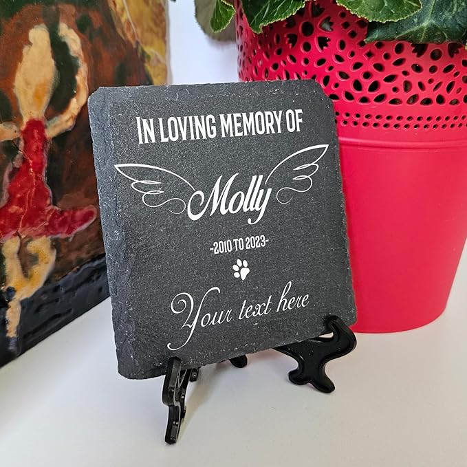 Personalized Individual Square Memorial Plaque + Stand for Pet Cat Dog Slate Stone Frame Paw Grave Marker - Size 3.94" x 3.94" or 100 x 100 mm - Custom Text
