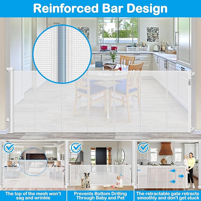 Reinforced 42" Extra Tall Retractable Baby Gates for Doorway, 200" Retractable Dog Gate With Support Rod, 16ft Extra Long Baby Gate for Large Opening, Bottom Anti-Crawl Indoor/Outdoor Mesh Child Gates