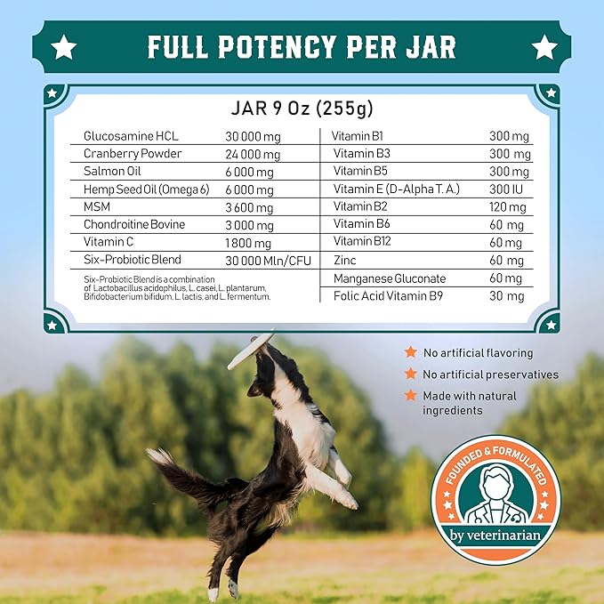 Old Dog's Barn Multivitamins 19 in 1 for Dogs – Glucosamine, Salmon Oil, Cranberry Powder, Hemp Seed Oil (Omega 6), MSM, Chondroitin, Vitamin C, Probiotics, Zinc & Folic Acid 120 Soft Chews