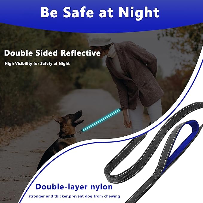 Dog Leash 6.5ft Long, Double Handle Dog Leash for Safety Control Training, Heavy Duty Dog Leads with Traffic Padded Handles, Reflective Leashes For Small Medium Large Dogs(6.5ft, Black Blue)