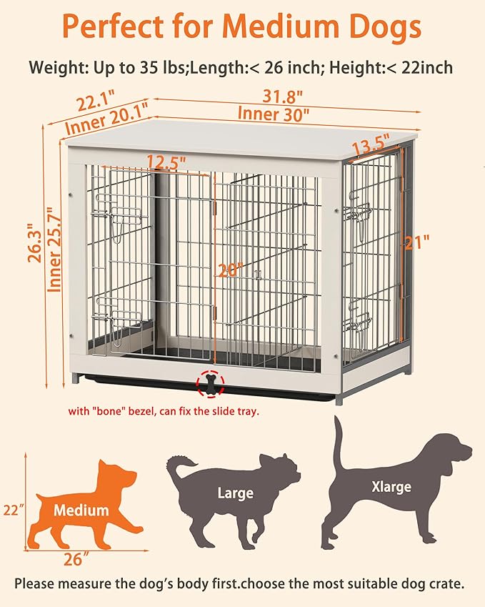 Piskyet Wooden Dog Crate Furniture with Divider Panel, Dog Crate End Table with Fixable Slide Tray, Double Doors Dog Kennel Indoor for Dogs(M:31.8" L*22.1" W*26.3" H,White)