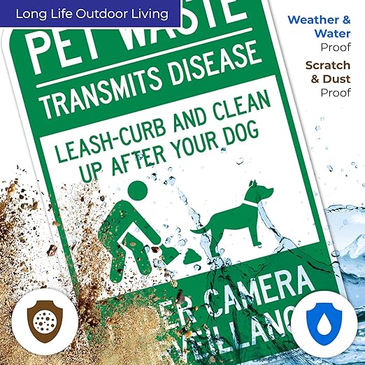 Pet Waste Leash-Curb and Clean Up After Your Dog Under Camera Surveillance Sign, (SI-63188) 12x18 Inches, 55 mil Thick HDPS (high Density polystyrene), Made in USA