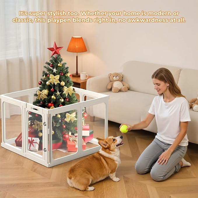 23.6“ H Clear Acrylic Plastic Dog Playpen, 8Pcs Lightweight & Easy Assemble Playpen Divider, Durable Safety Play Pen Indoors, Puppy, Cat, Small Animal(White)