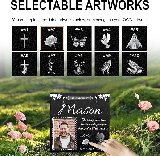 ADFSTONE Grave Stones for Cemetery for Humans- Personalized Head Stone for Graves, Photo Grave Markers, Engraved Cemetary Headstones, Picture Memorial Plaque, Marble Tombstone with Stand