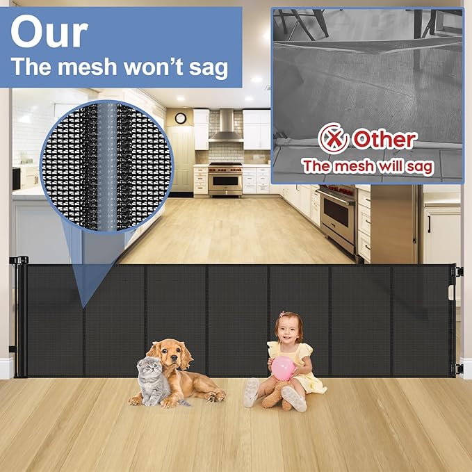 Reinforced 150 Inch Extra Wide Retractable Dog Gates for Doorways, Stop Babies and Dogs from Crawling Under, Extra Wide Baby Gates for Large Openings, Mesh Baby Gate Retractable Pet Gate Outdoor Black
