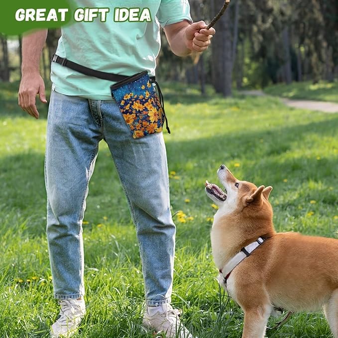 Night Daisy Dog Treat Bag Puppy Training Pouch Hands-Free Design Portable Dog Walking Bag Easily Carrying Treat Snack Bags Reward Pouch for Pet Travel or Outdoor Use