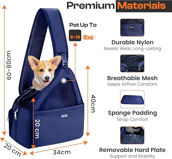 Small Dog Sling Carrier Bag, Hands-Free Dog Carrier Sling with Safety Buckle, Breathable Mesh, Adjustable Strap, Padded Back, Storage Pockets, Pet Carrier for Dogs, Cats, Puppies up to 8–10 lbs