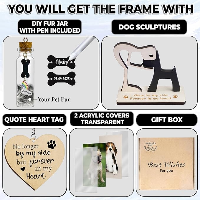 Pet Memorial Gift for Dogs, Natural 360 Rotating Wooden Picture Frame 4x6 Photo, Pet Hair Keepsake Fur Jar Rainbow Bridge , No Longer By My Side But Forever in My Heart, Animal Loss Gift PR-3N