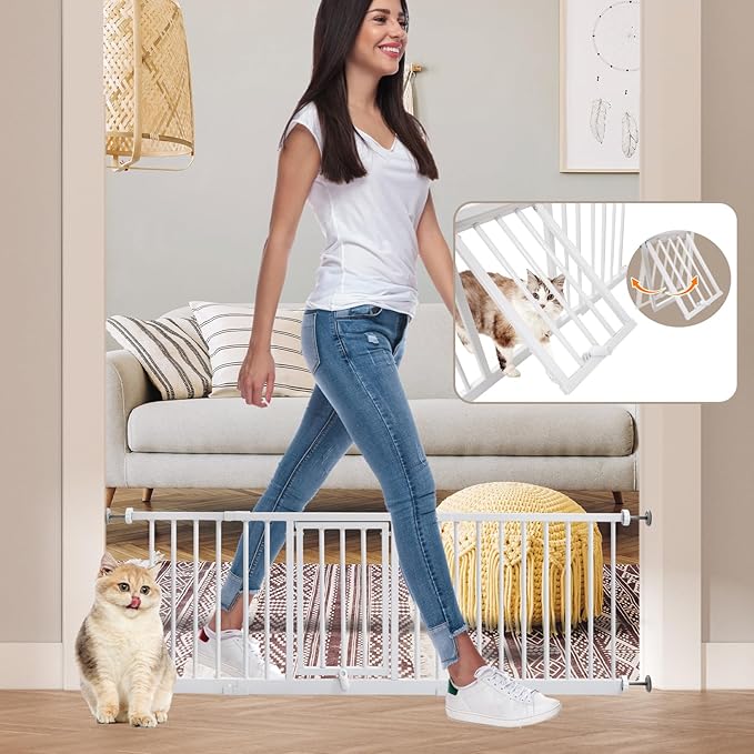 14" Height Short Dog Gate Adjustable18-48" Extra Wide Dog Gate with Small Cat Door,Pet Gate with 4 Extension Kits Pressure Mounted for Doorways & Stairs(White, 14" Height)