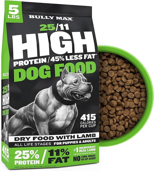Bully Max 25/11 High Protein & Low Fat Dry Lamb Dog Food for Puppies and Adult Dogs - Chicken-Free Lamb Flavor - Natural Puppy Food for All Ages, Small and Large Breeds - Large Kibble Size, 5 lb. Bag