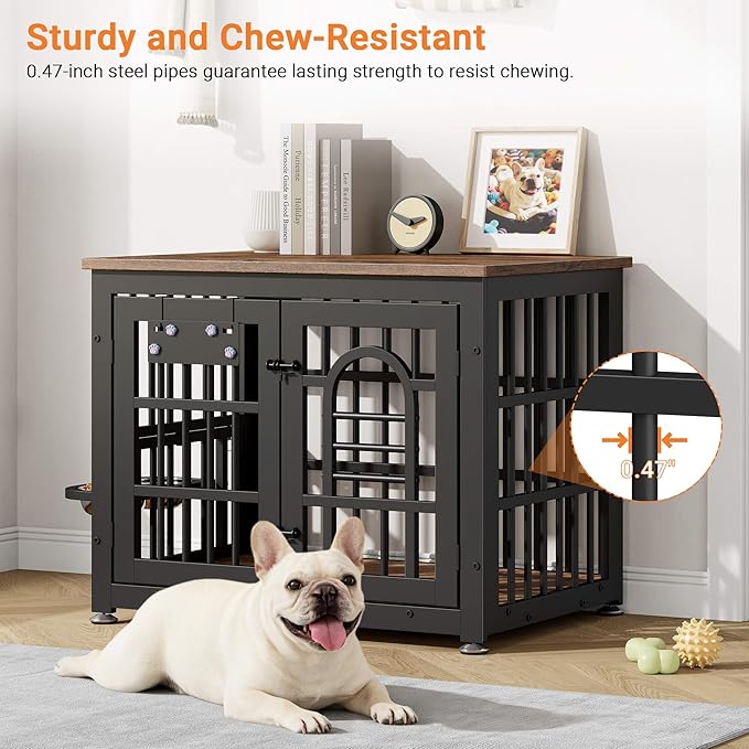 Dog Crate Furniture with Name Tag, Dog Kennel Indoor with 360° Rotating Feeder and Adjustable Heights Bowls, Wooden Decorative Pet Cage End Table for Small Dogs, Rustic Brown 31.5" L